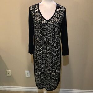 AB Studio Black/White/Gray Floral Front 3/4 Sleeve V-Neck Sweater Dress-Size XL